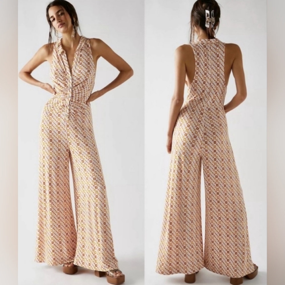 Free People Shayla Halter Jumpsuit Ivory Combo - Picture 1 of 3